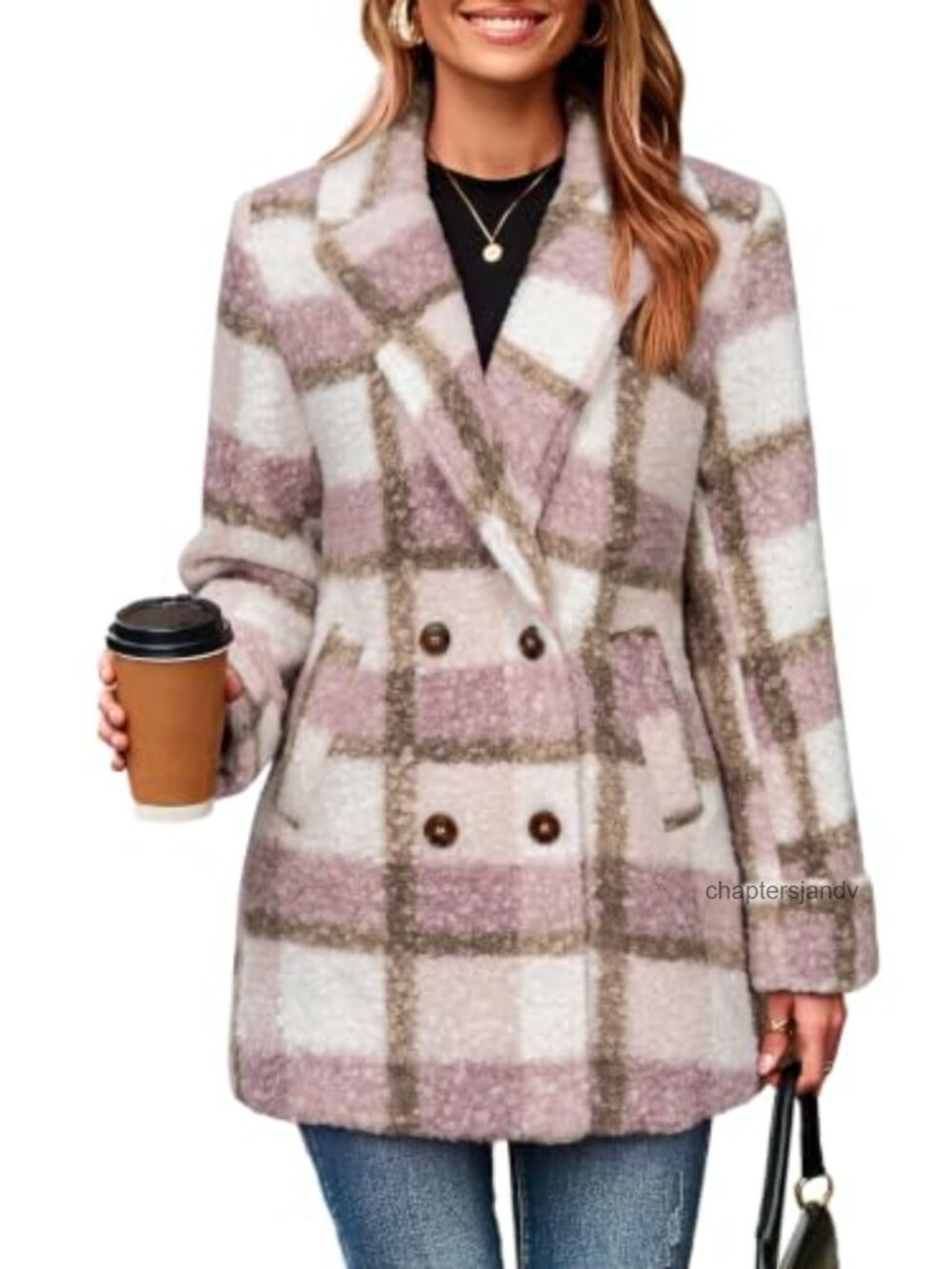 Womens Winter Plaid Pea Coat Double Breasted Lapel Collar Work Jacket